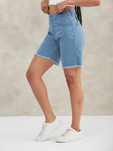 Image of Dolce Crudo Women's Relaxed Fit Mid-Rise Denim Shorts with Adjustable Waist & Frayed Hem