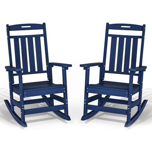 Oversized Outdoor Rocking Chair - All-Weather Resistant,HDPE Heavy Duty Patio Rockers with High Back - Perfect for Porch,Garden,Modern Style Set of 2-Navy Blue Navy 2 PCS