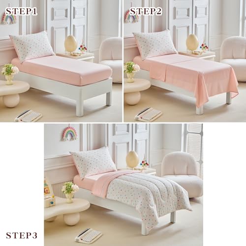 Image of Joyreap 4 Piece Toddler Bedding Set- Polka Dots Pink n White Design, Microfiber Toddler Bedding Comforter Set for Girls