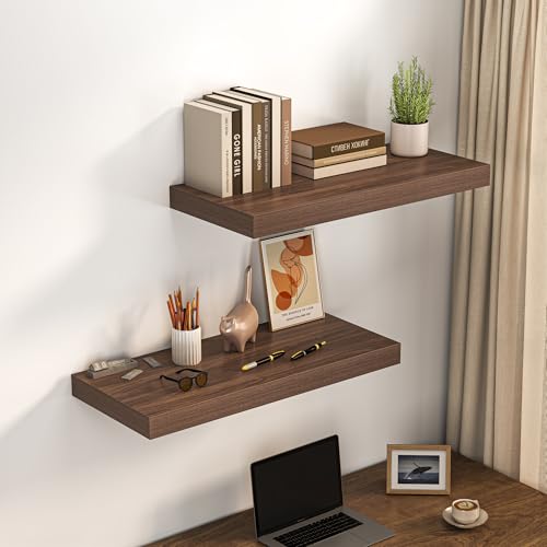 Image of Dreamland 32 inch Floating Shelves for Wall, 12 inch Deep Thicker Walnut Floating Shelves, Wall-Mounted Shelves for Bedroom, Living Room, Kitchen, Bathroom - Set of 2