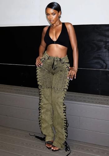 DINGANG High Waisted Sexy Jean for Women's Straight Leg Drawstring Lace Up Stretch Distressed Denim Pants2