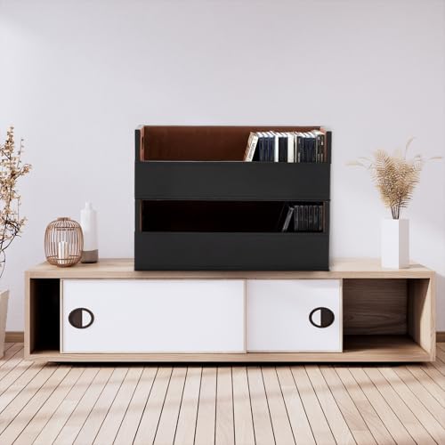 CroBlissful 2 Set Leather Cd Storage Box Organizer Shelf for Movie Cases Cassette Tape Display Stand with Carrying Handles Each Store up to 33 Pcs Cds for Dvds, Video Game Disks, Albums, Books