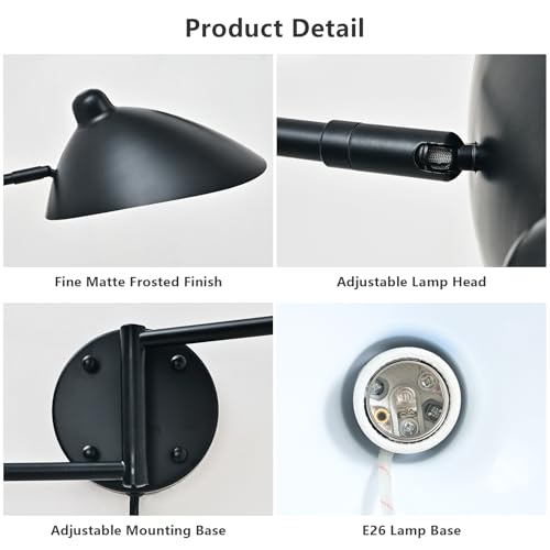 Image of Modern Black 2-Light Plug in Swing Arm Wall Sconce, 1 Pack
