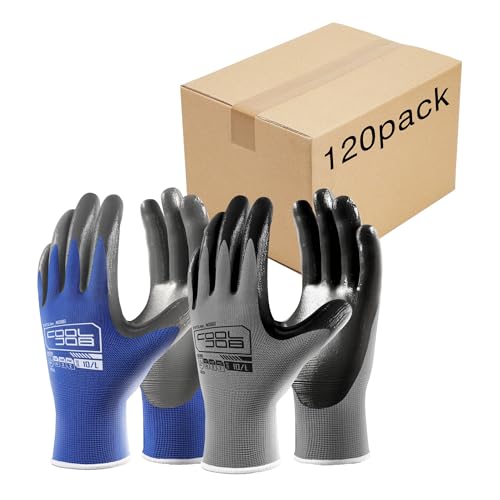 Image of COOLJOB 120 Pairs Safety Work Gloves for Men Women Non-slip, Nitrile Rubber Coated Working Garden Yard Gloves Bulk with Grip, Palm Dipped Oil Resistant and Hand-friendly MultiPack (Blue Gray, Small)
