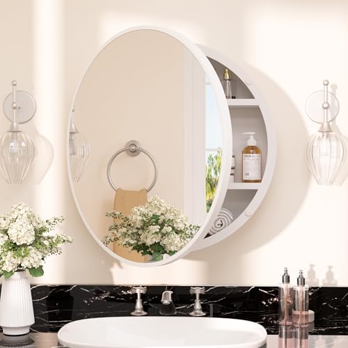 Image of TETOTE 20 x 20 Inch Medicine Cabinet Mirror White Framed Round Mirrored Medicine Cabinets for Bathroom Adjustable Shelves Modern Bathroom Mirror with Storage Wall Mounted