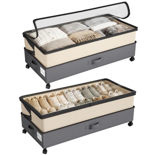 Image of Kitstorack 2Pack Height-adjustable Under Bed Storage with Wheels, Under Bed Storage Containers,Under Bed Shoe Storage Organizer with Clear Window&Label, Suitable for Clothes Storage, Beige & Gray