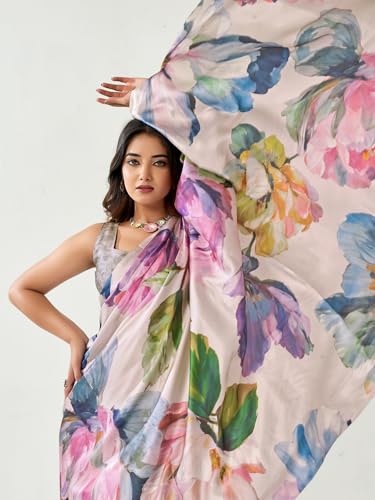 Image of Satrani Women's Satin Digital Printed Saree with Unstitched Blouse Piece