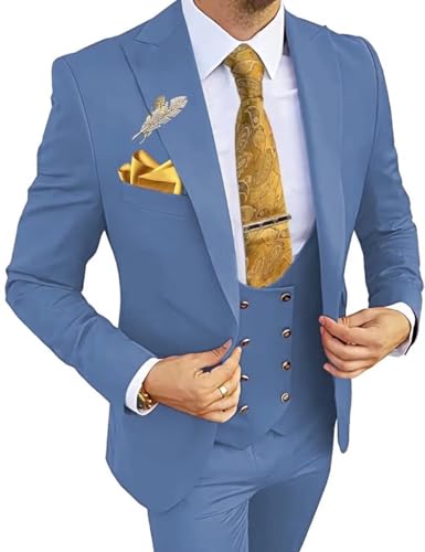 Wangyue 3 Piece Men's Suits Slim Fit Double Breasted Suit Gold Button Blazer Vest Pants Wedding Suit for Men