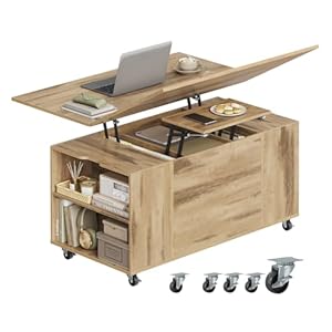 WOLTU Couchtisch höhenverstellbar, Wohnzimmertisch mit Rollen, Hebeplatte Schublade, offener und versteckter Stauraum, für Wohnzimmer Büro, Helle Eiche