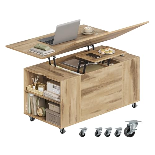 WOLTU Table Basse avec Plateau Relevable, Extensible et Réglable en Hauteur, Table de Salon sur roulettes avec Tiroir et Compartiments de Rangement, pour...