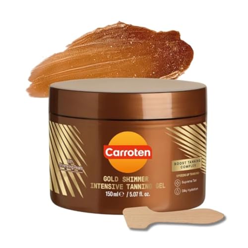 Carroten Gold Shimmer Tanning Gel | Browning Indoor/Outdoor Tan Accelerator | Non-Greasy, Water-Resistant with Carrot & Coconut Oil | Vitamin A & E For Moisture & Hydration | 5 Fl Oz + Spatula