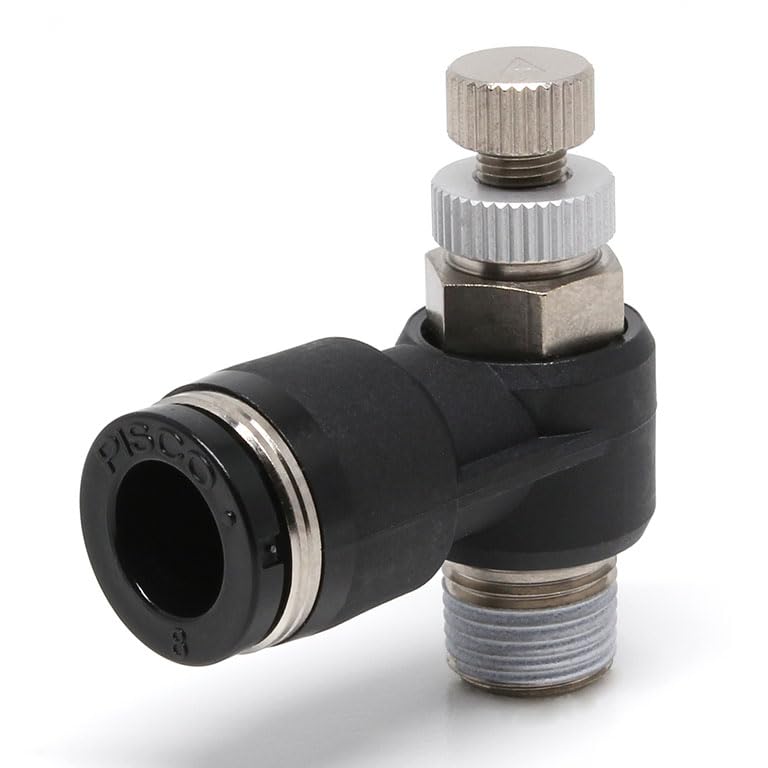 Pisco Pneumatic Speed Controller, Black Elbow Meter-Out Fitting, 8mm x R1/8, JSC8-01A Model, Flow Control Valve (5 PCS).