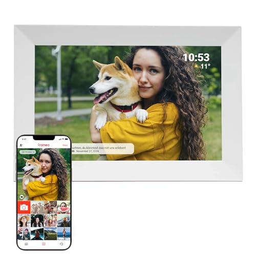 DENVER Digitaler Bilderrahmen Weiß 10,1 Zoll mit WLAN – Frameo Digital Photo Frame mit Touchscreen & 16 GB Speicher – Elektrischer Fotorahmen mit App‑Steuerung, USB & microSD, Bilderrahmen Digital