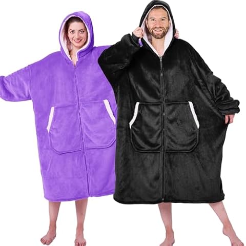 JOYWOO Wearable Blanket Hoodie, Oversized Hooded Blanket for Adult, Birthday Christmas Gifts for Women Men, Cozy Fuzzy Sherpa Sweatshirt Blanket with Giant Pocket and Zipper, Purple,Black Cover
