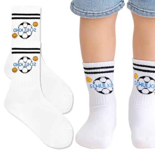 GGUFAY Calcetines Escolares para Niño, Motivo Balón de Fútbol & Smiley, Bordado Schulkind, Perfectos para Inicio Escolar & Celebraciones Escolares