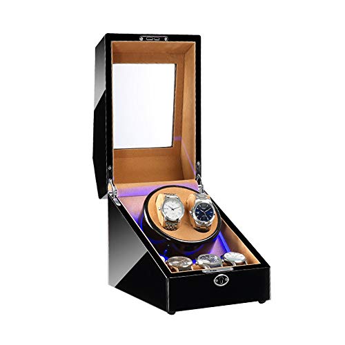HUIBBGO Caja enrolladora de Relojes para 2+3 Relojes automáticos, con luz LED, 4 Modos de rotación, Motores silenciosos + Caja enrolladora de Relojes marrón, Caja de Almacenamiento para Relojes