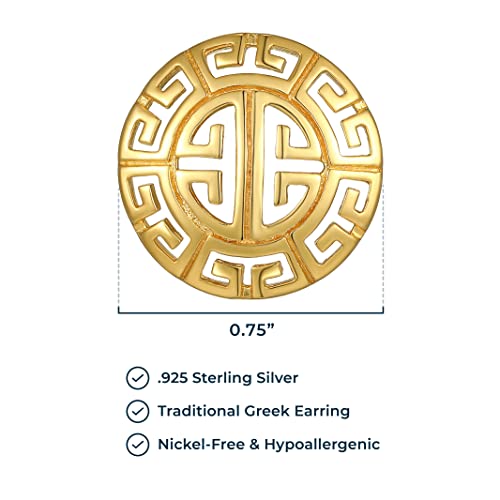 MORGAN & PAIGE .925 Sterling Silver 18K Gold Plated Greek Key Mythology Stud Earrings for Women - Laser Cut Round Greek Pattern Lightweight Jewelry, Hypoallergenic Sterling Silver Earrings3