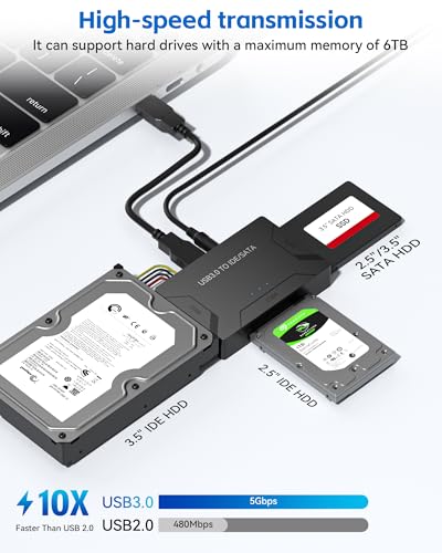 RENGOGA IDE USB 3.0 Adapter, USB 3.0 Zu SATA Adapter Universal Festplatten Konverter für 2,5 und 3,5 Zoll SATA & IDE HDD/SSD mit 12V 2A Netzteil USB-Kabel für Windows 10/8/7/XP/Vista Mac OS Linux