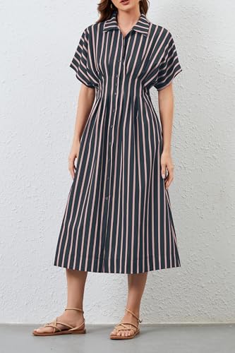Image of MSBESYOR Women Button Front Pleated Shirt Maxi Dress Summer Striped Prints Short Sleeve Collar Casual Long Dresses Navy