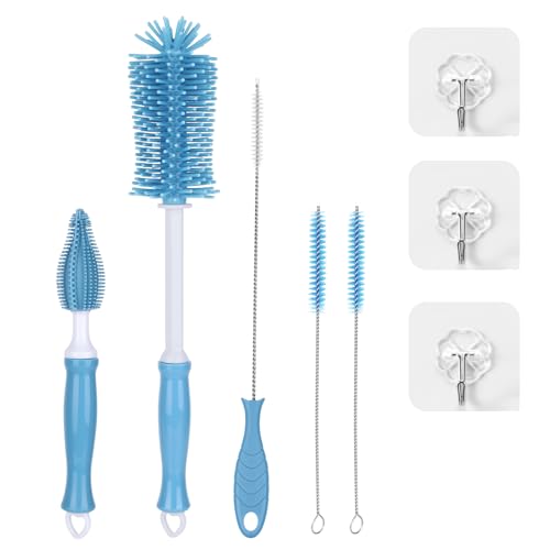 Image of JAPUDA Portable Bottle Brush Set - Baby Bottle Cleaner Kit with Silicone Brush, Nipple Brush, Straw Brush, Bottle Cleaning Tool for Home and Travel, Blue, J-S-Brush-B01