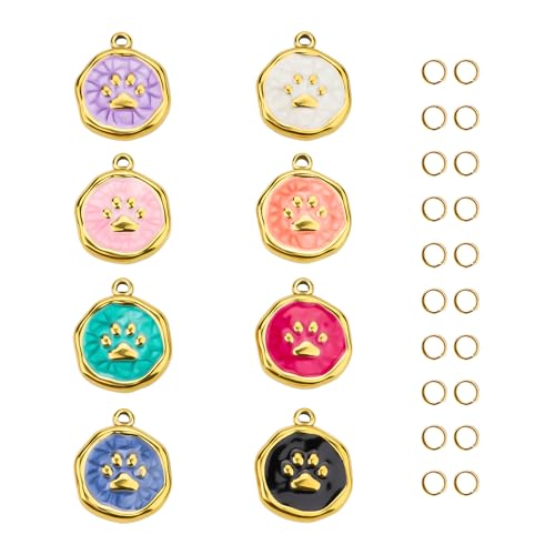 UAMOKANG 8pcs Mixed Color Enamel Round Charms for Jewelry Making, Gold Plated Stainless Steel Paws Bulk Charm Pendant for Necklace Bracelet DIY