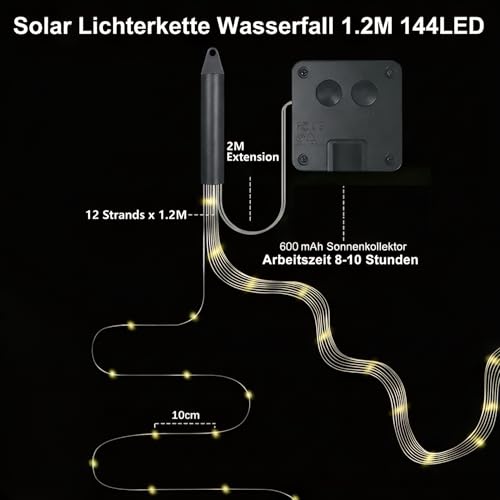 BG9D Solar Lichterkette Aussen,12 Stränge 1,2M 144 LED Lichterschweif, IP67 Wasserdicht Lichterkette Wasserfall für Gießkanne Garten Deko, 8 Modi Drahtlichterkette für Baum Terrasse,Warmweiß