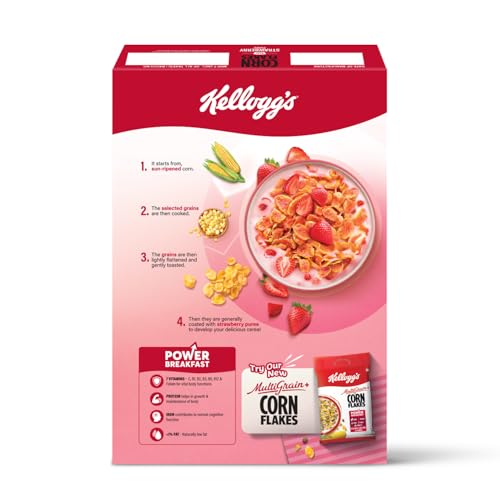 Image of Kellogg's Corn Flakes with Real Strawberry Pure | High in Iron, Vitamins B1, B2, B3, B6, C | Corn Flakes, Breakfast Cereal | Naturally Cholestrol Free, 300g / 345g (Weight May Vary) (Pack of 3)