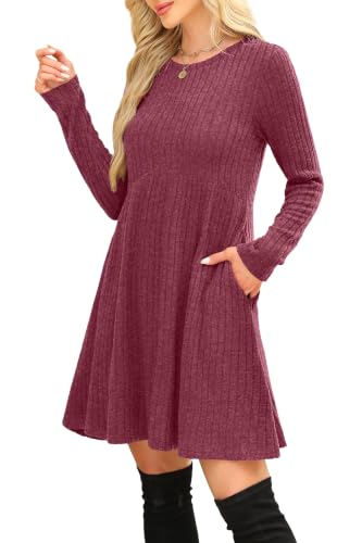 Image of OFEEFAN Long Sleeve Dress for Women Crew Neck Empire Waist Tunic Dress with Pockets