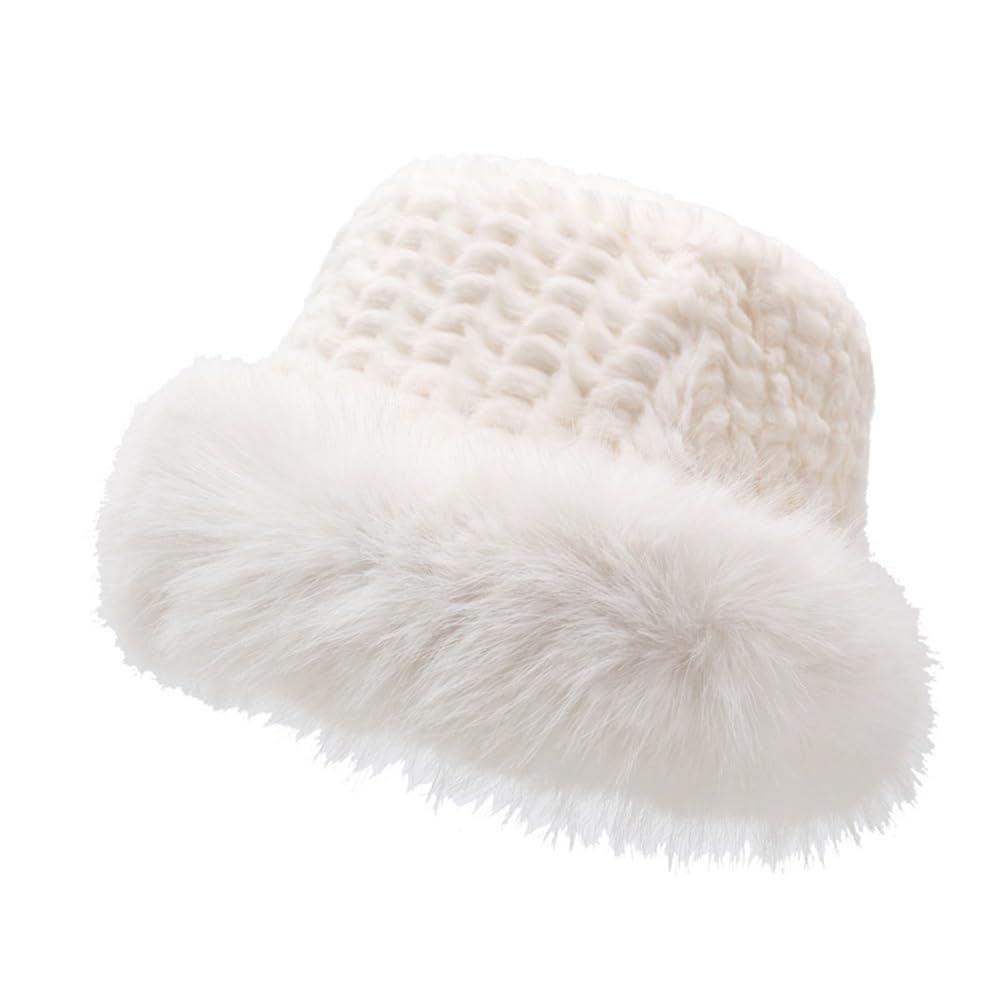 Chapeau seau femme blanc fausse fourrure contre le vent d'hiver