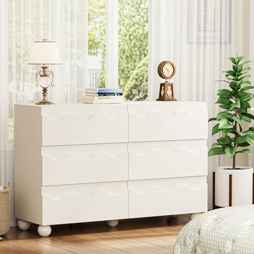 Image of Anbuy Begie Scalloped Dresser for Bedroom with 6 Drawers, 47" Wide Modern Chest of Drawers with Hidden Handle, Wooden Dresser, Fluted Wood Closet Clothes Storage Organizer for Living Room, Hallway