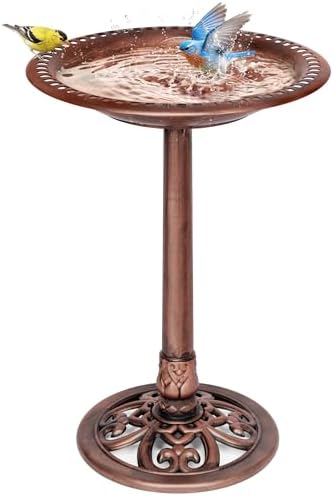 VIVOHOME Vogeltränke 71cm hoch Polyresin leicht antike Optik, Alt-Kupfer | 2-in-1 Funktion aus Vogelbad und Futterstelle. Ausführung im antiken Design. Geeignet für Wildvögel zur N