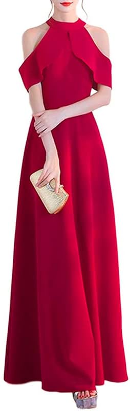 BEYANE Loose A-line Long Dress, High Waist, Cabaret Dress, Flared Skirt, Elegant, Neat, Halter Neck, Wedding
