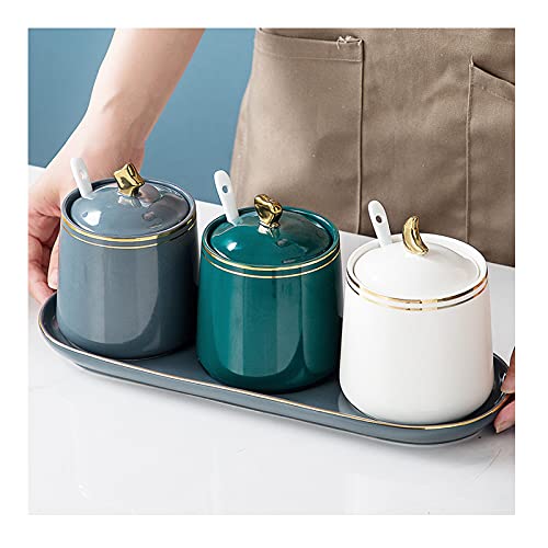 TBLOTYD Condiment Pots Ceramic Sugar Bowls Condiment Pots Spice Jars Seasoning Box Set with Lid Spoon and Tray-Sets of 3 Glass Spice Jars Seasoning Jars