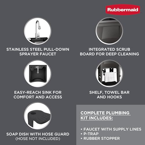 Image of Rubbermaid Utility Sink Laundry Tub, Freestanding All-in-One Sink with Premium Stainless Steel Sprayer Faucet for Laundry Room, Basement, Garage, 24.1 inch L x 24.1 inch W x 52.5 inch H, Black