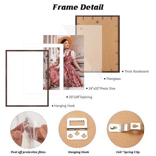 Image of HLiWEGNS Dark Brown 24x32 Frame Set of 3 - Rustic Woodgrain 24 x 32 Poster Frame for Pictures 20x28 with Mat or 24x32 Picture Frame Without Mat for Wall Gallery Display - Ideal Christmas Day
