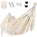 Bellzacasa Double Hammock, Heavy Duty 500 lb Load Capacity Tassels and Fishtail Knitting with Mounting Straps for Outdoor Camping Patio Balcony Beige
