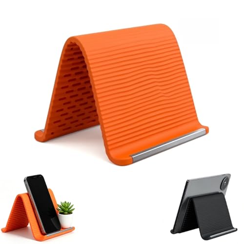 Silicone Phone Stand with Aluminum, Flexible Foldable Phone Holder, Bendable Adjustable Anti-Slip Desktop Stand for Phone Tablet Laptop, Portable Rollable Multi-Angle Stand for Home (Orange)