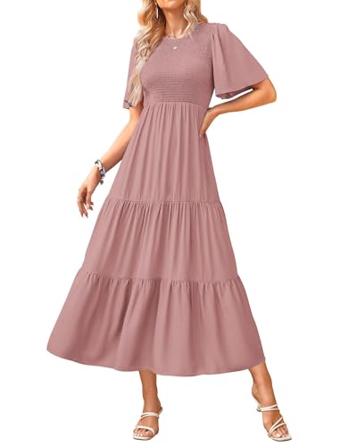 Image of KIRUNDO Summer Dresses for Women 2026 Spring Casual Flutter Short Sleeve Wedding Guest Smocked Flowy Tiered Aline Midi Dress