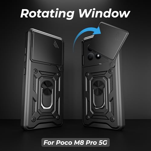 Image of A rtistque Armor Bumper Back Cover Case for Poco M8 Pro /Redmi Note 15 Pro 5G | Ring Holder Stand | Sliding Camera Protection | Shockproof Heavy Duty Design | Poco M8 Pro Back Cover - Black