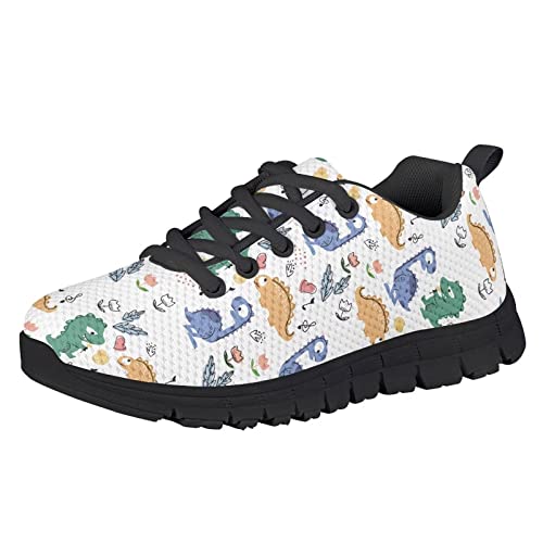 Xoenoiee Boys Sneakers Kids Running Shoes Girls Mesh Fitness Training Shoe Lightweight Walking Shoe for Kids, Dinosaur Flower Pattern White, Size 11