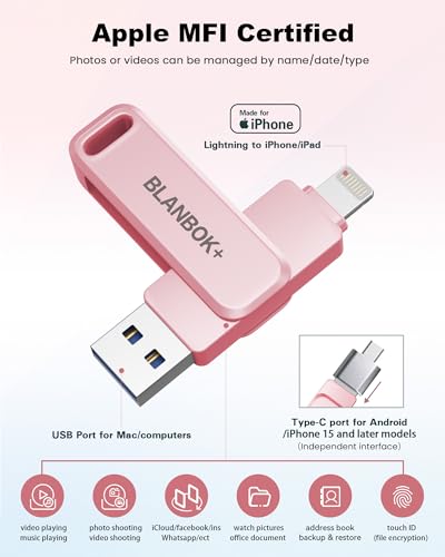 Image of MFi Certified 256GB Flash Drive for iPhone Photo Stick, USB Memory Stick iPhone Flash Drive for Photos Videos, High Speed External Storage USB Stick Thumb Drive for iPhone /iPad /Android /PC(Rose Pink)