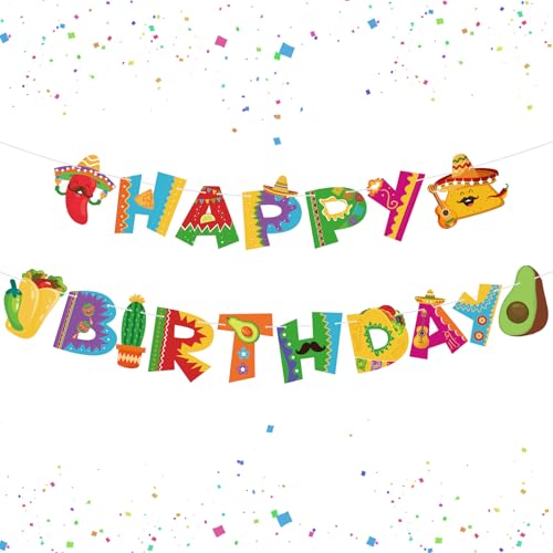 Image of Hooqict Happy Birthday Banner Mexican Birthday Party Decorations Cinco De Mayo Party Banner Taco Garland Hanging Sign for Fiesta Party Decorations Carnival Supplies