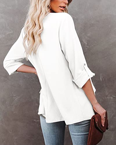 Womens Casual Blazer Jackets Roll Up Long Sleeve Open Front Work Office Business Blazers with Pockets White4
