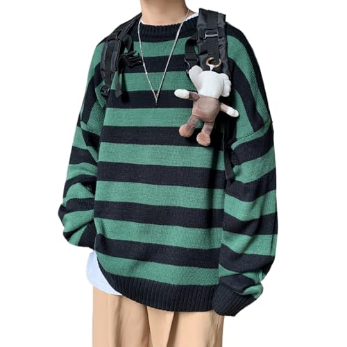 Men's Striped Knitted Pullover Casual Color Block Slim Fit Sweater Crewneck Black Long Sleeve Patchwork Sweaters