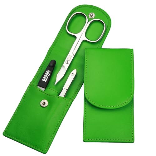 Sonnenschein by Hans Kniebes - Juego de manicura de 3 piezas - Tijeras de uñas, lima de uñas y pinzas - Kit de cuidado de uñas de bolsillo - Estuche de manicura de piel de cordero de napa (verde