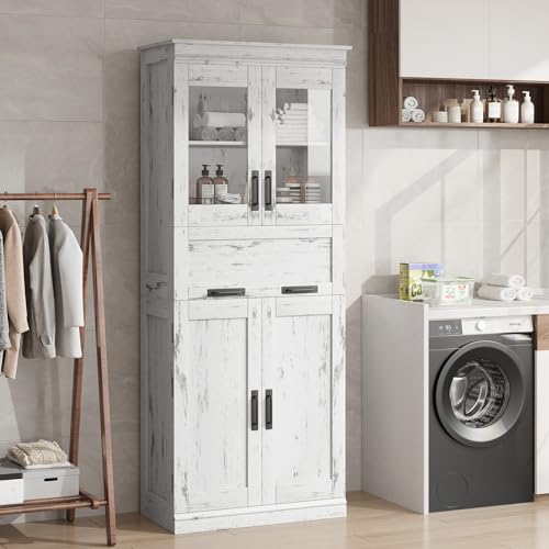 IDEALHOUSE-Bathroom-Cabinet-Tall-Storage-Cabinet-with-Doors-and-Adjustable-Shelf-Freestanding-Floor-Pantry-Cabinet-for-Kitchen-Living-Room-Laundry-Room-Home-Office-Retro-White IDEALHOUSE Bathroom Cabinet Tall Storage Cabinet with Doors and Adjustable Shelf Freestanding Floor Pantry Cabinet for Kitchen Living Room Laundry Room Home Office Retro White