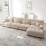 HAUSPROFI Modulares Sofa aus Chenille | Cloud Couch mit Ottomane Lenden- & Dekokissen | Tiefsitz, breite Armlehnen & ohne Montage | für Wohnzimmer, Apartment, Studio, Büro (Beige, 4-Sitzer + 1-Otto)