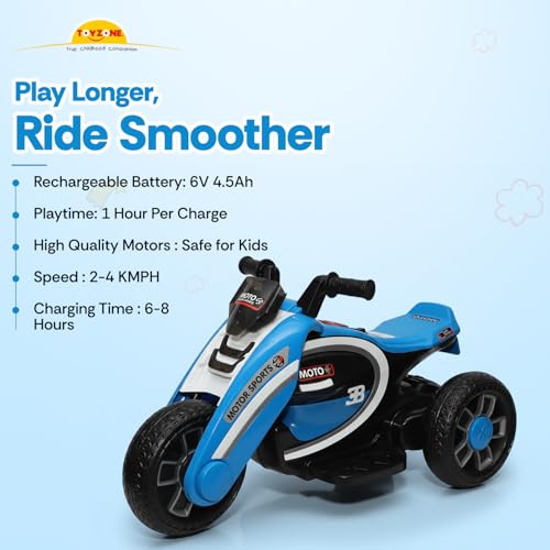 Image of Toyzone Moto Electric Bike (Blue) | 6V Rechargeable Bike with 4.5Ah Battery | LED Lights, Built in Music | Smooth Acceleration | 6M Battery Warranty | Age 2-8 Years, Upto 35 kg