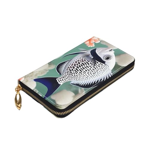 TYUMHWhite Tropical Fish Leather long clutch wallet with 12 card slots and 3 full pockets for cash, designed for fashionable women.3