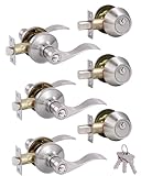 (3 Pack) Keyed Alike Front Door Lever Lockset with Single Cylinder Deadbolt Combination Set， Wave Style Lever, Front Door/Exterior Door Knob with Lock and Deadbolt，Satin Nickel Finished